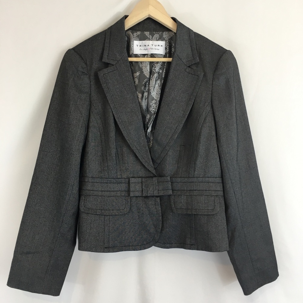 Trina Turk Wool & Silk Cropped Blazer Grey Sz 12